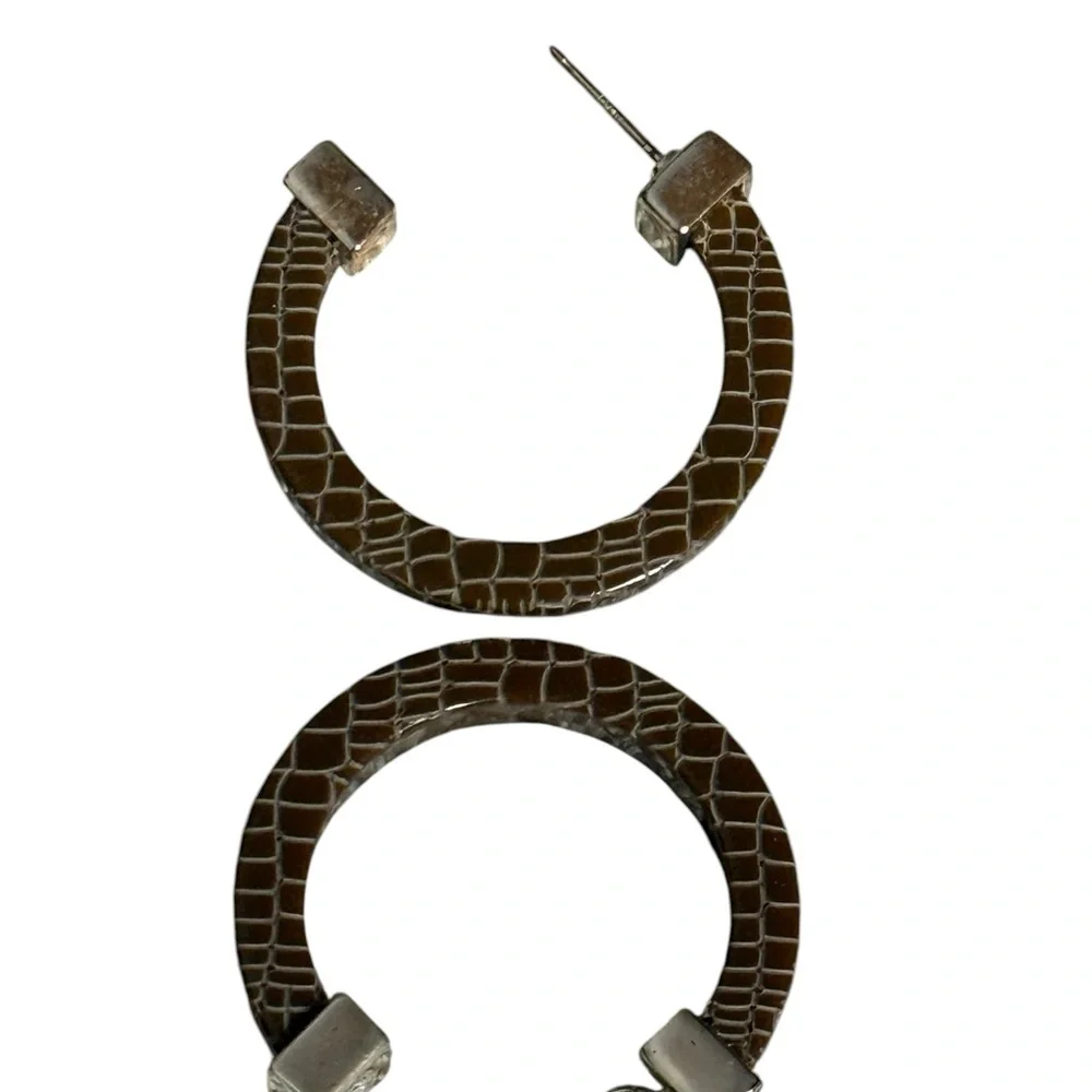 Ralph Lauren Brown Crocodile-Embossed Hoop Earrings